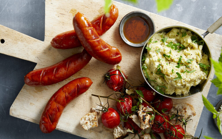 Chorizopolser med potetmos og ovnsbakte cherrytomater